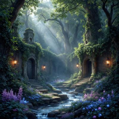 The primary subject of the image is a beautiful garden with a waterfall, surrounded by lush greenery and a forest. The setting is a serene and peaceful environment, with the waterfall flowing through the garden. The visual style of the image is a digital art, creating a realistic and vibrant atmosphere. The colors and mood of the image are predominantly green, with the waterfall adding a touch of blue. The overall atmosphere is one of tranquility and natural beauty.